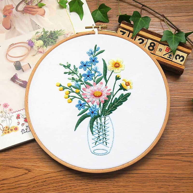 Classic and Cheerful Vase with Flowers Embroidery Kit Embroidery Kit CraftsPal